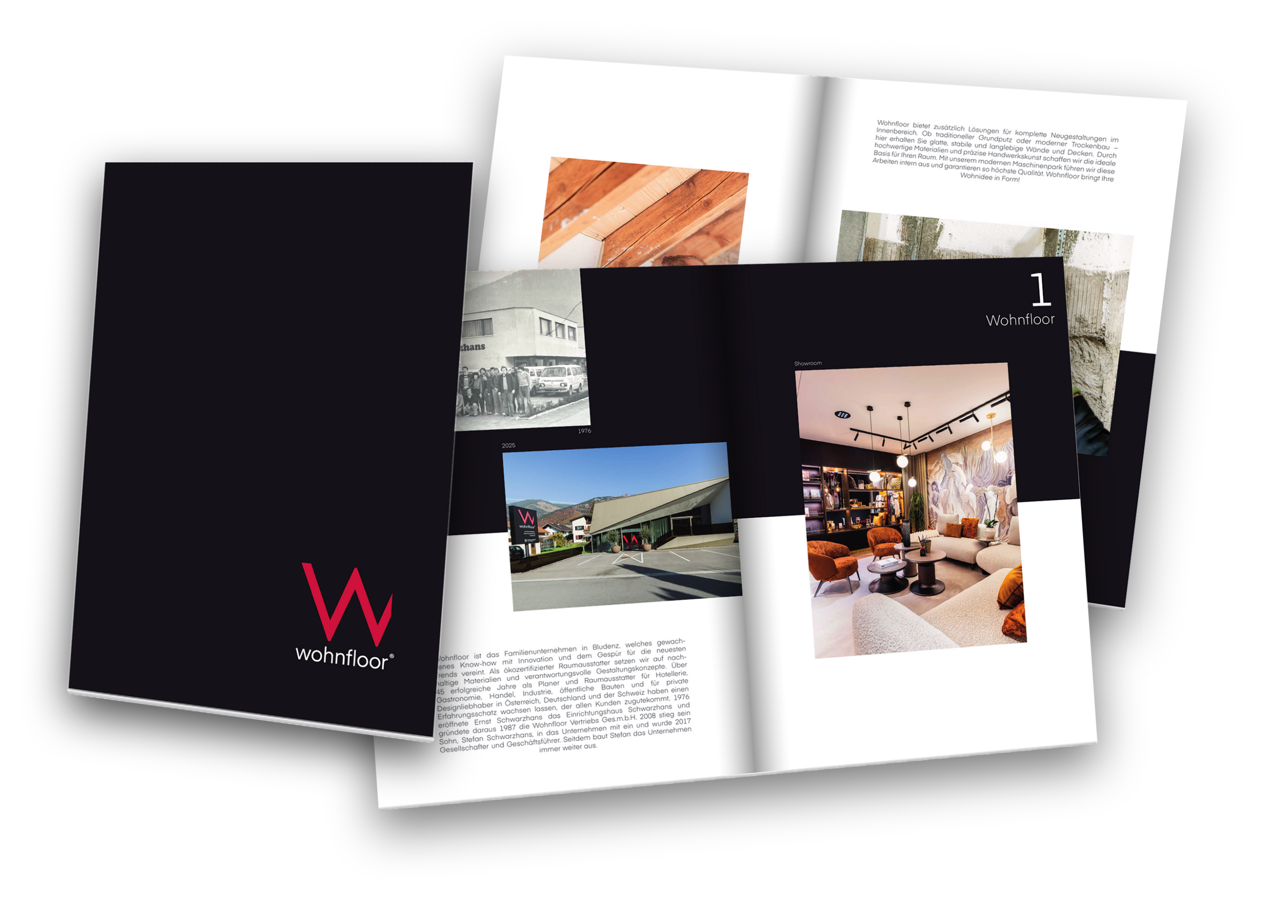 Wohnfloor Projektbroschüre 2025 als aufgefächertes ePaper Mockup mit Cover und zwei Doppelseiten